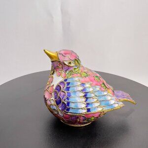 Cloisonné Enamel Brass Bird Figurine Vintage Ornate Floral Design Art 4”